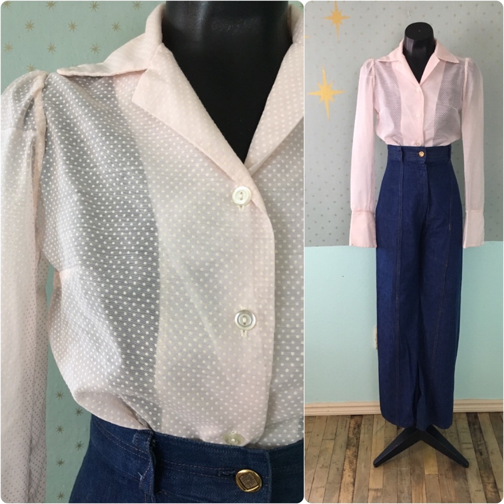 Vtg 70s sheer pink Swiss dot button down shirt